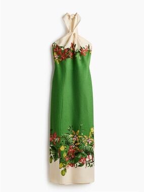 H&M linen-blend Green and Cream Floral Halter Maxi dress